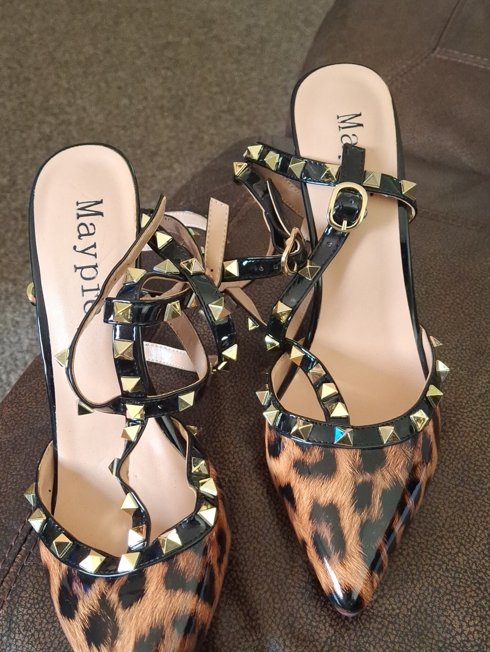 Leopard-Print Pointed Slingback Heels with Gold Studs - Black & Brown